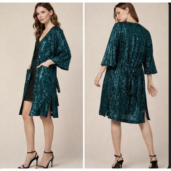 Anthropologie Skies Are Blue Green Sequin Topper Kimono Sash NWT XS/S - Picture 4 of 9
